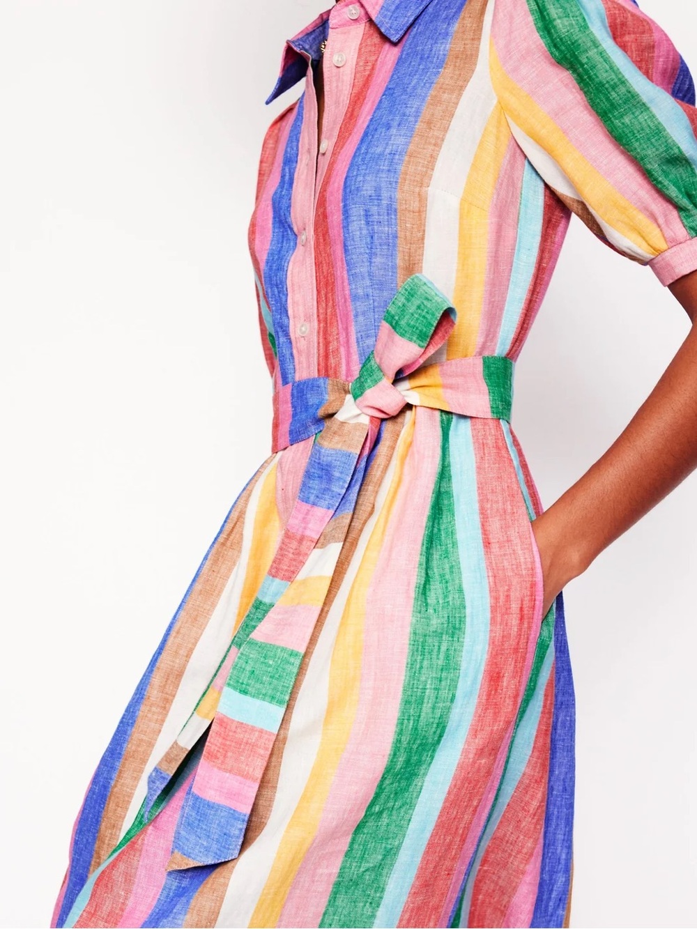 Boden Rainbow Striped Button-Front Dress with Tie Belt - Picture 2 of 12